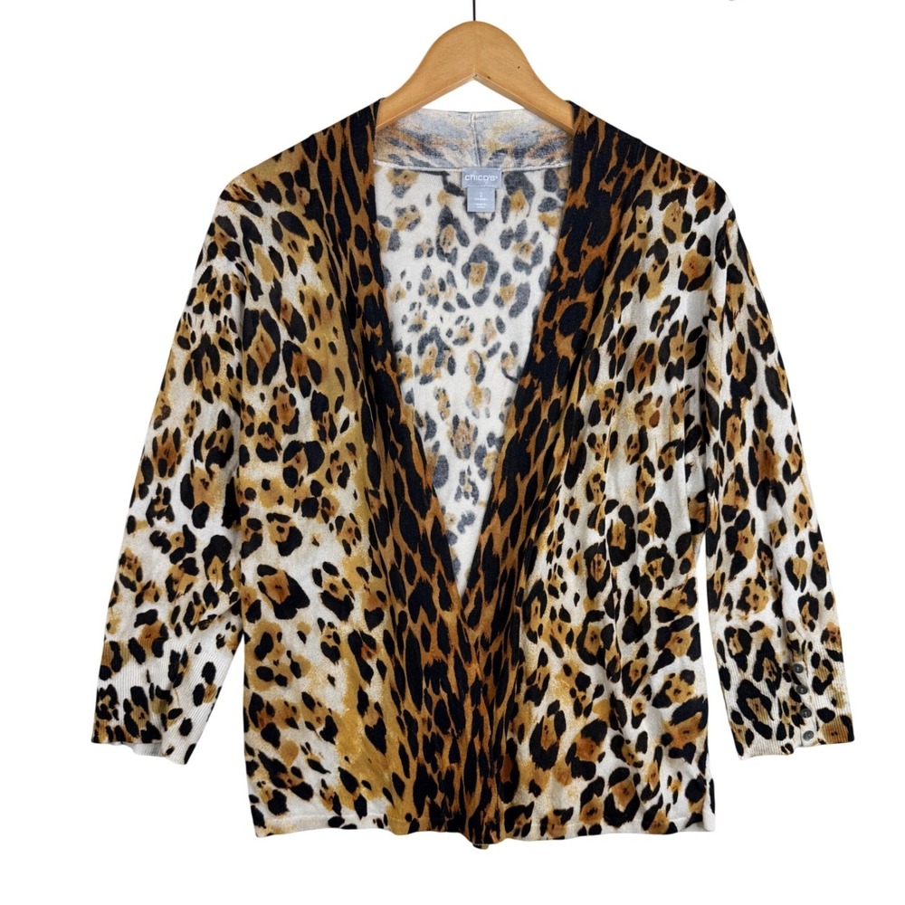 Chico's Leopard Print Open Front Cardigan Sweater 3/4 Sleeve Size 2 | US Large
